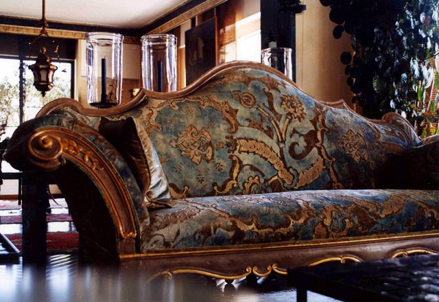 Sang Sacre Turner silk velvet, col; Bronze Turquoise, on Michel Harmouche sofa.