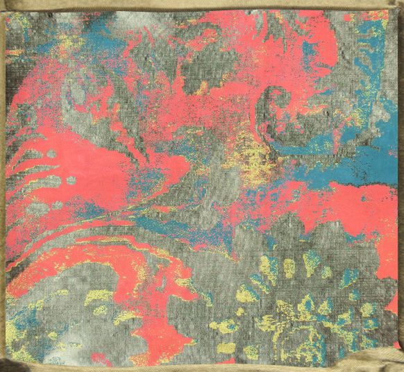 FONTAINEBLEAU flat printed silk in dark taupe and red blue and gold.