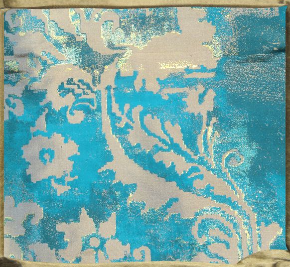 FONTAINEBLEAU flat printed silk on golden grey in bright blues and gold.